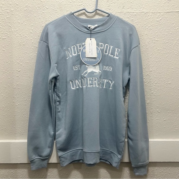 Better / Together "North Pole University" Christmas Light Blue Sweatshirt NWT S - Picture 1 of 4